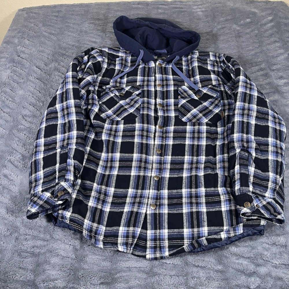 Legendary Outfitters Men XL Hooded Plaid Flannel Quilted Lined Shirt Jacket Blue